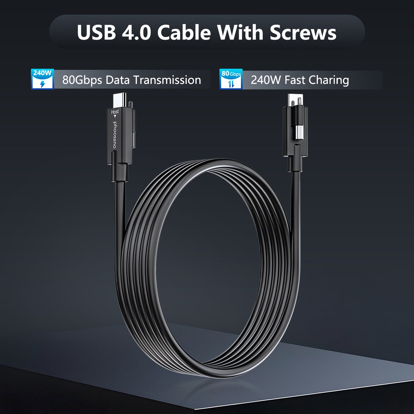 phoossno USB 4.0 Cable, Lock Shaped Structure, 80Gbps Transmission Speed, 240W Power Supply, Supports 8K or 4K displays,