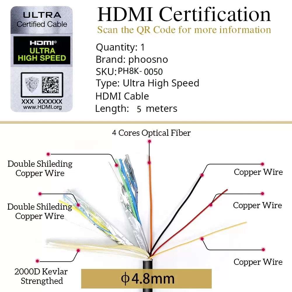 Phoossno Certified 8K HDMI 2.1 Fiber Optical Cable